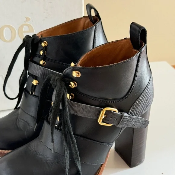 Chloe ankle boots black two tone lace up belted Bernie shoes Women's sz 5.5 us - Picture 3 of 10